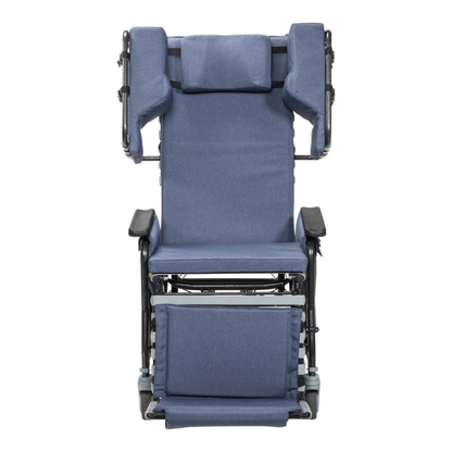 The Drive Rose Comfort Max Tilt and Recline Chair with Casters is a blue padded chair featuring elevated leg support, adjustable armrests, and a contoured headrest; shown front-facing on white—ideal for long-term care facilities.
