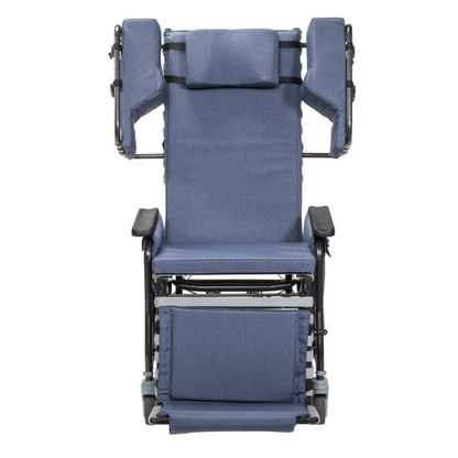 The Drive Rose Comfort Max Tilt and Recline Chair with Casters is a blue padded wheelchair with side supports, headrest, armrests, and elevated footrest; front view shown. Ideal for long-term care; supports up to 400 lbs.