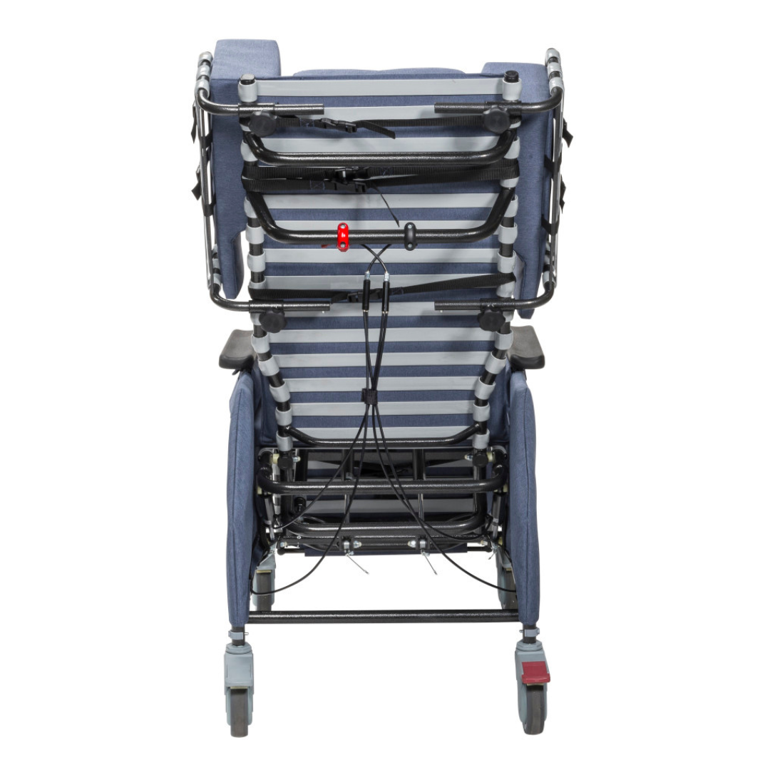 Rear view of the Drive Rose Comfort Max Tilt and Recline Chair with Casters in blue and gray, featuring metal bars, padded seat, wheel brakes, control cables, and a 400 lb capacity—ideal for long-term care facilities.