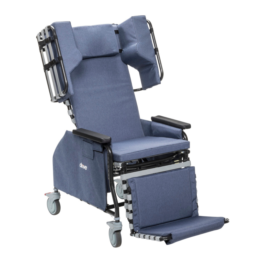 The Drive Rose Comfort Max Tilt and Recline Chair with Casters is a blue padded chair featuring adjustable wings, armrests, leg support, and wheels for mobility. It is designed for long-term care and supports up to 400 lbs.