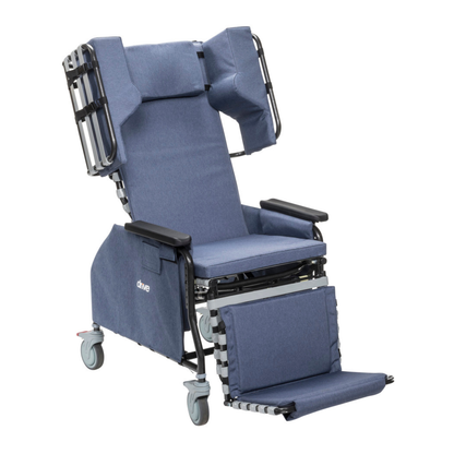 The Drive Rose Comfort Max Tilt and Recline Chair with Casters is a blue padded chair featuring adjustable wings, armrests, leg support, and wheels for mobility. It is designed for long-term care and supports up to 400 lbs.