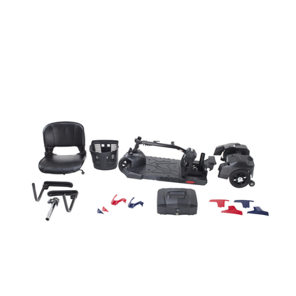 Drive Scout Compact 3-Wheel Scooter disassembled—seat, basket, chassis, rear wheels, battery, handles, and assorted red and blue parts—all organized neatly on a white background.