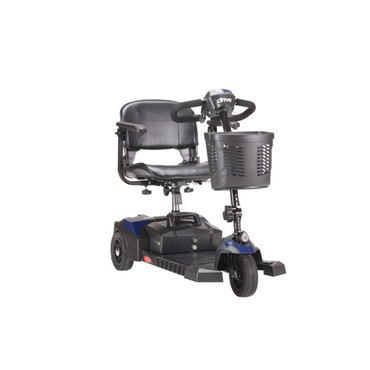 A Drive Scout Compact 3-Wheel Scooter in black and blue, featuring a padded seat, armrests, front basket, and handlebars, is shown on a white background.