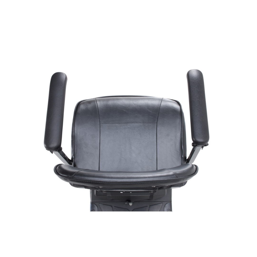 Black cushioned chair with two vertical armrests and a curved padded front support, viewed from above against a white background—ideal as a seat for the Drive Scout Compact 3-Wheel Scooter.