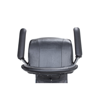 Black cushioned chair with two vertical armrests and a curved padded front support, viewed from above against a white background—ideal as a seat for the Drive Scout Compact 3-Wheel Scooter.