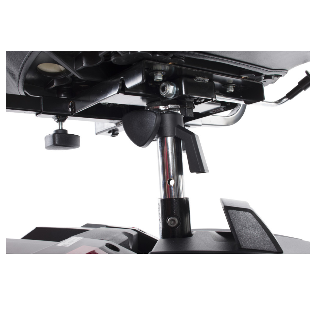 Close-up view of the underside of a Drive Scout Compact 3-Wheel Scooter seat, highlighting the metal seat post, adjustment lever, and seat support components.