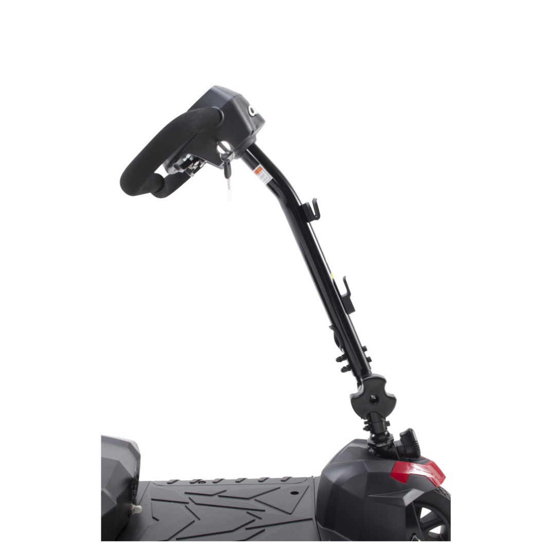 A close-up of the black foam-grip handlebar and ignition key on the Drive Scout Compact 3-Wheel Scooter, attached to the scooter’s stem, against a plain white background.