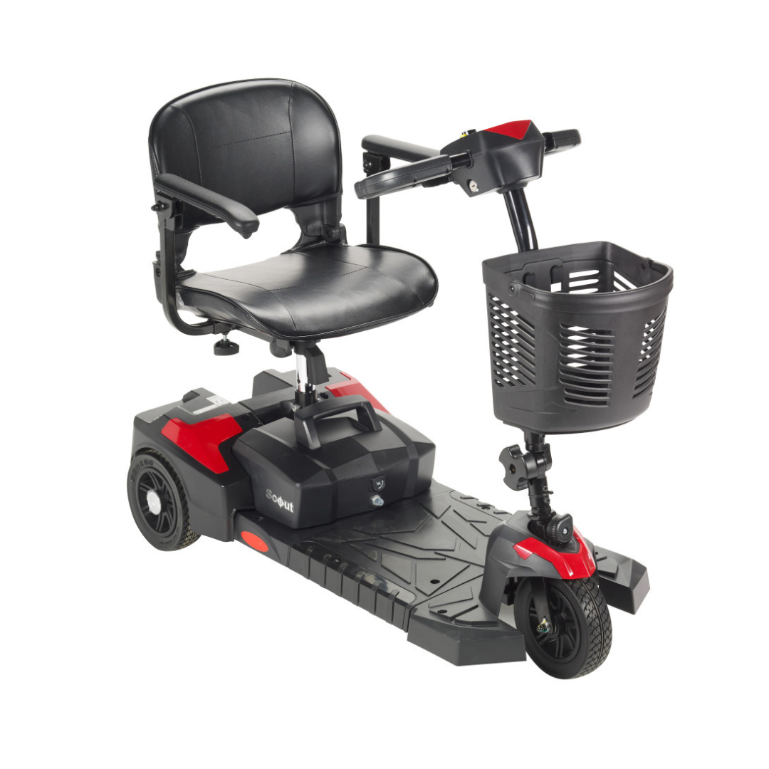 The Drive Scout Compact 3-Wheel Scooter boasts a black and red design, padded seat with armrests, mesh front basket, wide foot platform, and easy-to-use handlebars for comfortable steering.
