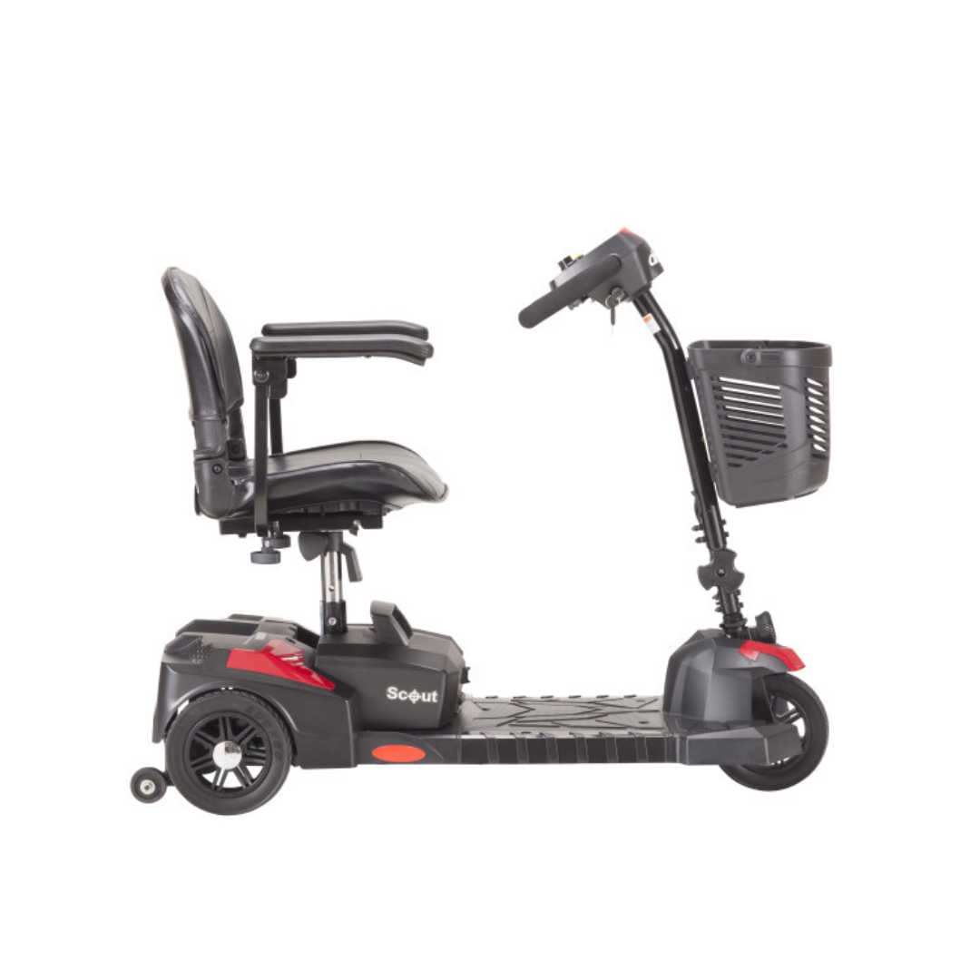 A side view of the Drive Scout Compact 3-Wheel Scooter is shown on a white background, featuring a black design with a cushioned seat, armrests, handlebars, and a front basket.