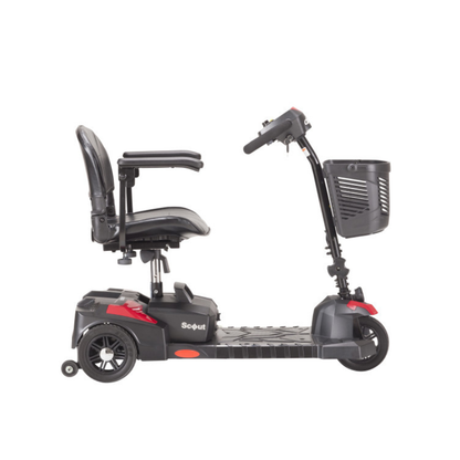 A side view of the Drive Scout Compact 3-Wheel Scooter is shown on a white background, featuring a black design with a cushioned seat, armrests, handlebars, and a front basket.