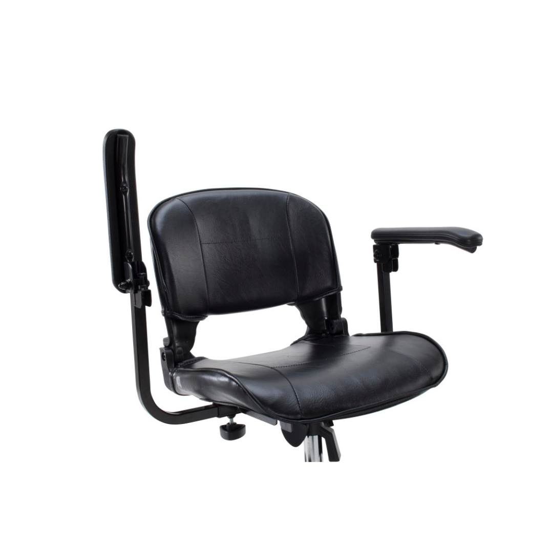 A black padded office chair with contoured backrest and armrests—one upright, one horizontal—shown at an angle on a white background, perfect for relaxing after using your Drive Scout Compact 3-Wheel Scooter.