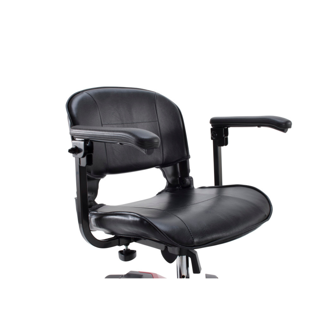 A black leather office chair with padded seat, backrest, and armrests is shown against a white background, matching the sleek style found in products like the Drive Scout Compact 3-Wheel Scooter.