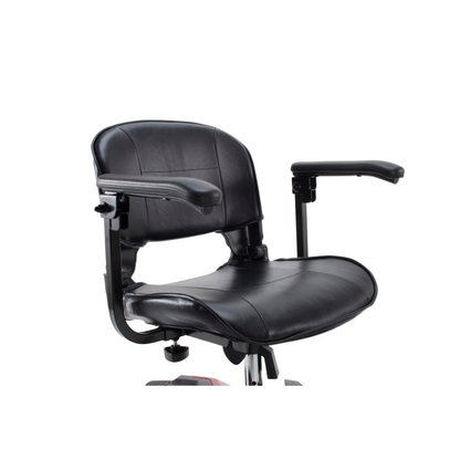 A black leather office chair with padded seat, backrest, and armrests is shown against a white background, matching the sleek style found in products like the Drive Scout Compact 3-Wheel Scooter.