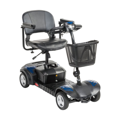The Drive Scout LT 4-Wheel Scooter in black and blue offers a padded seat, armrests, front basket, and user-friendly handlebar controls for comfort and convenience.