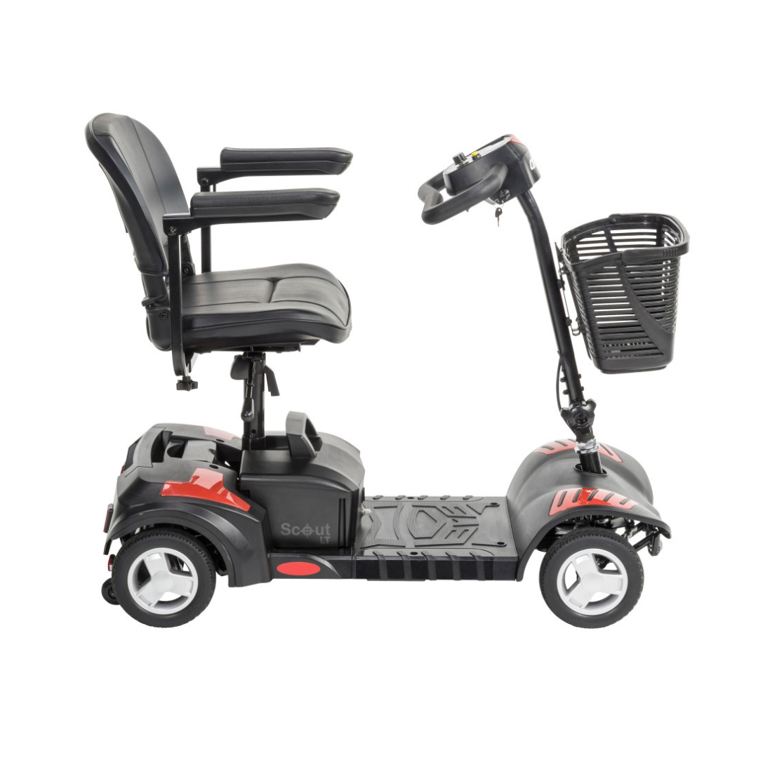 The Drive Scout LT 4-Wheel Scooter features a stylish black and red design, padded seat, armrests, front basket, and four wheels for comfort and convenience—ideal for daily use and easy transport.