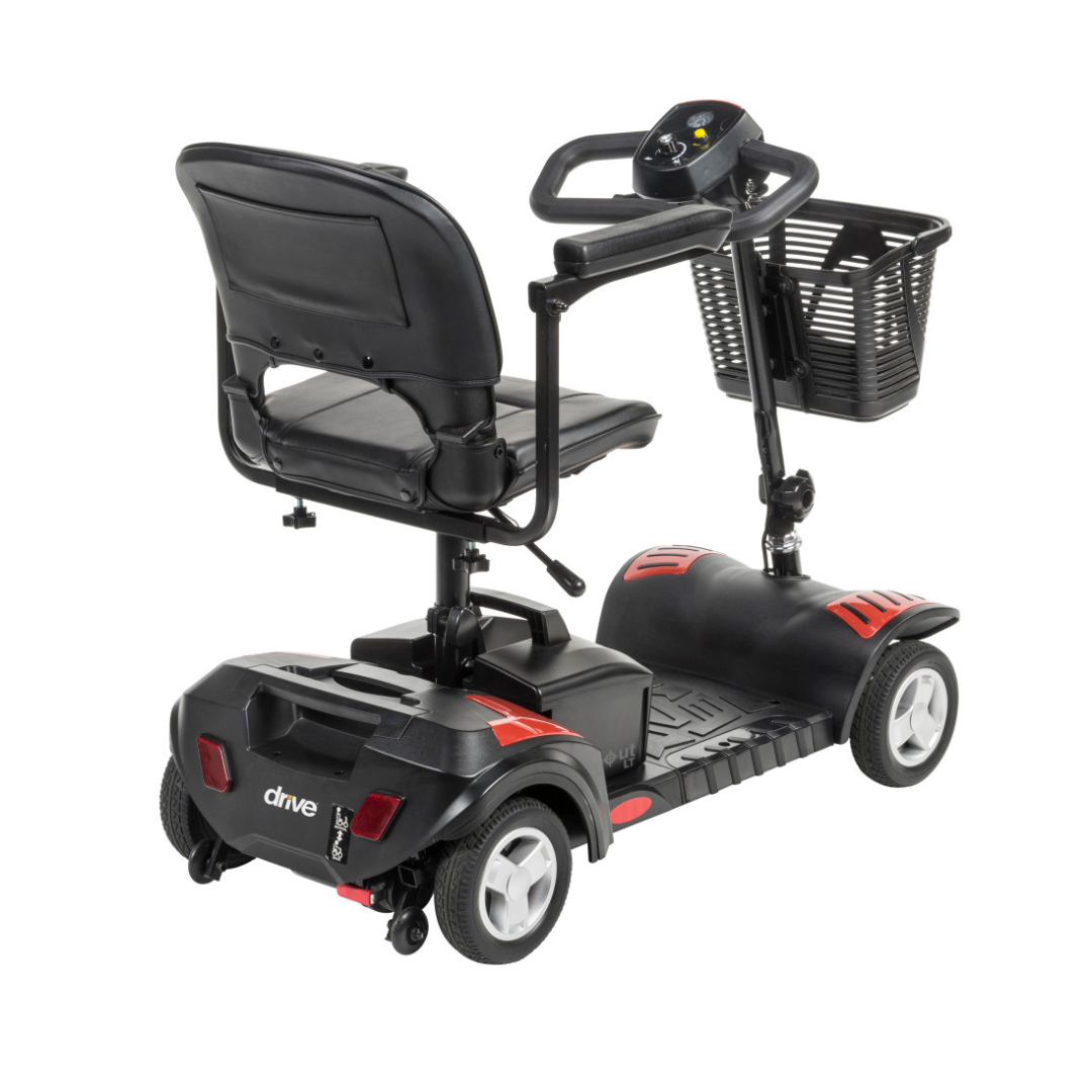 The Drive Scout LT 4-Wheel Scooter, featuring a stylish black and red design, padded seat, armrests, and front basket, provides comfort and convenience—perfect for enhanced mobility and independence.