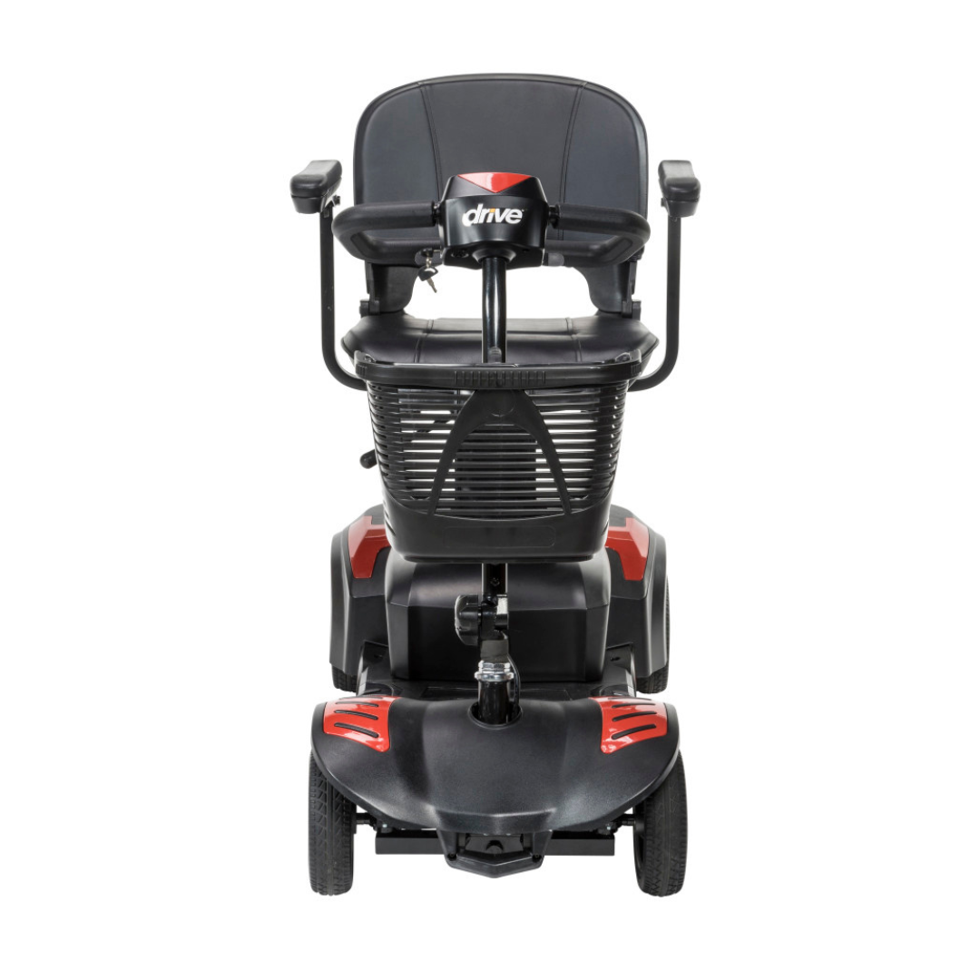 Front view of the Drive Scout LT 4-Wheel Scooter in black and red, featuring a basket, armrests, and "drive" logo on the backrest.