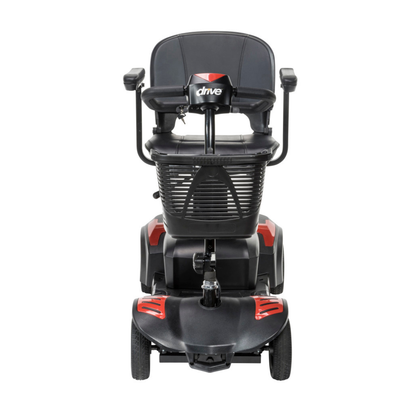 Front view of the Drive Scout LT 4-Wheel Scooter in black and red, featuring a basket, armrests, and "drive" logo on the backrest.