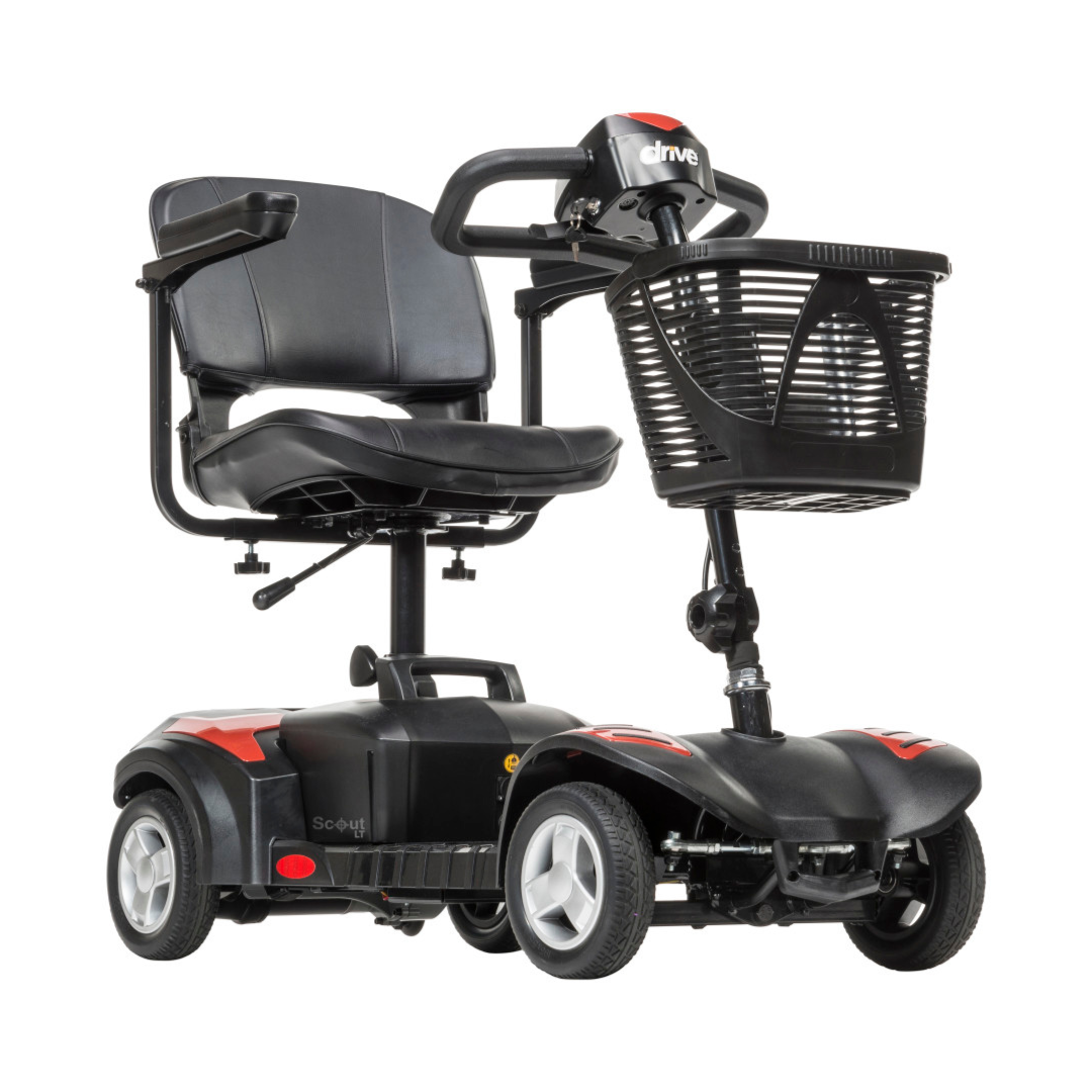 The Drive Scout LT 4-Wheel Scooter is a black and red mobility scooter featuring four wheels, a padded seat, armrests, and a front basket. The product description focuses on the scooter’s features with no mention of CSS code.