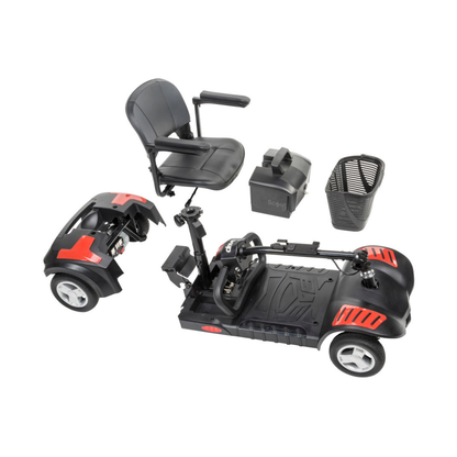 The Drive Scout LT 4-Wheel Scooter, shown in black and red, is disassembled into five main parts—seat, battery pack, wheeled base, front section, and basket—arranged on a white background for clear product viewing.