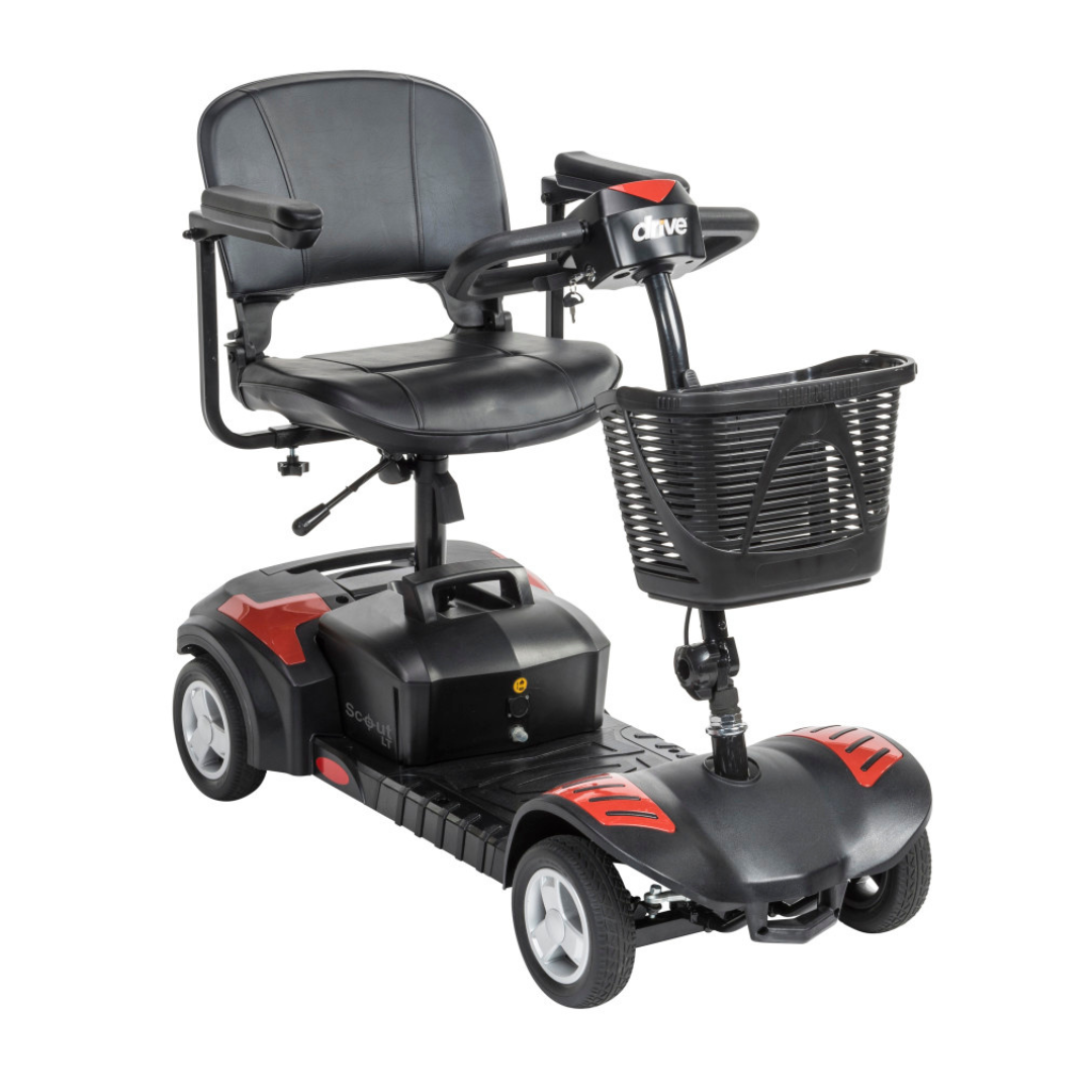 The Drive Scout LT 4-Wheel Scooter is a black and red electric mobility scooter featuring a padded seat, armrests, four wheels, and a front basket for carrying items.