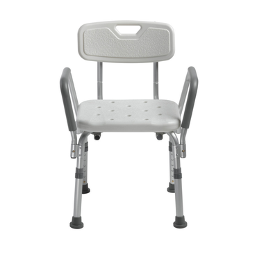 The Drive Shower Chair with Back and Removable Padded Arms features a white and gray design, adjustable height, drainage holes in the seat, padded armrests, and rubber tips on the legs for stability and safety.