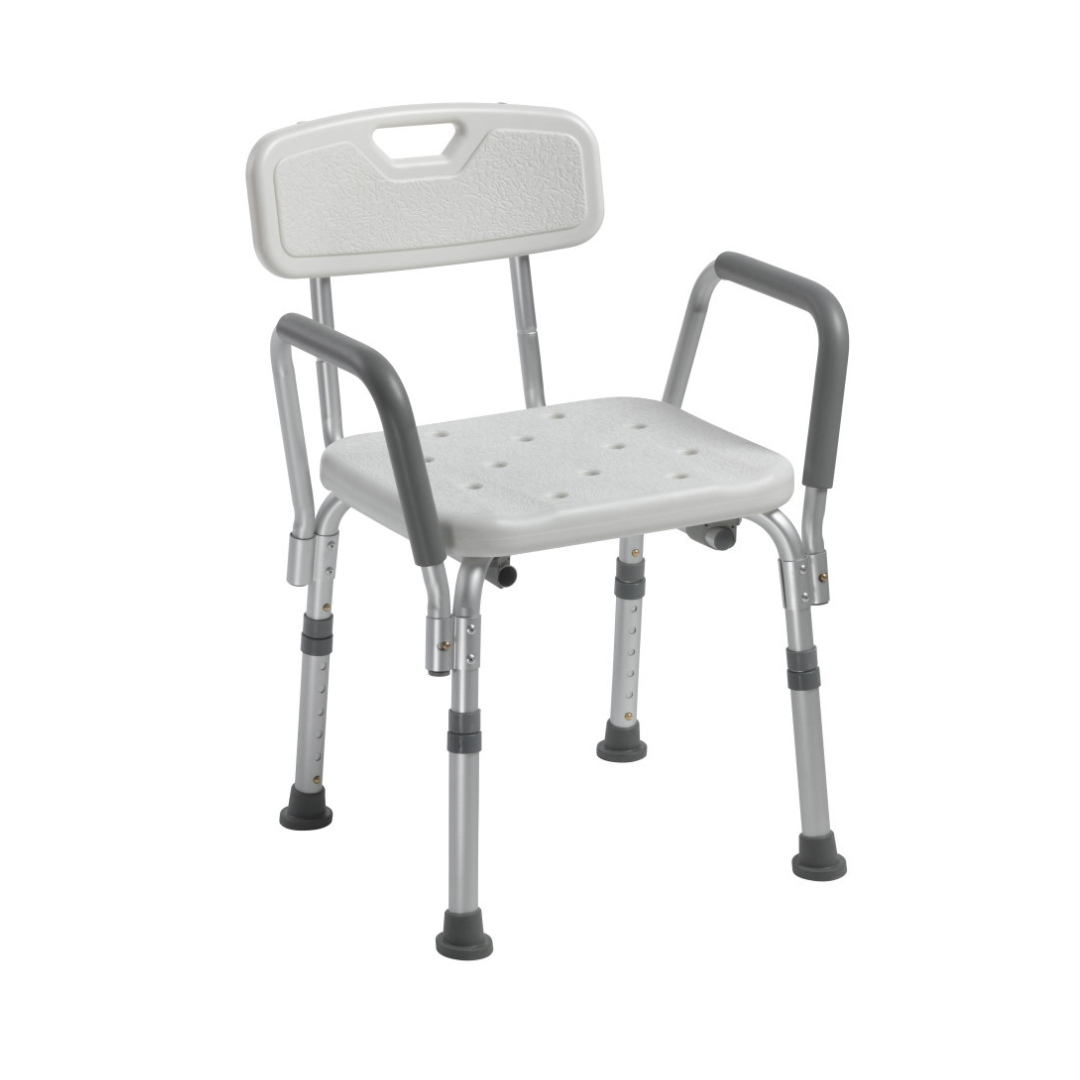 The Drive Shower Chair with Back and Removable Padded Arms is a white, height-adjustable shower bench with padded arms, gray legs, a backrest handle cutout, and rubber-tipped feet for stability.