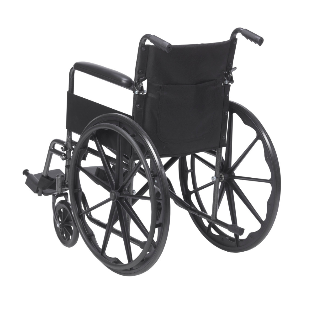 A black Drive Silver Sport Portable Wheelchairs is shown from the rear, featuring large rear wheels, small front wheels, and armrests on a white background—see the specifications table for details.
