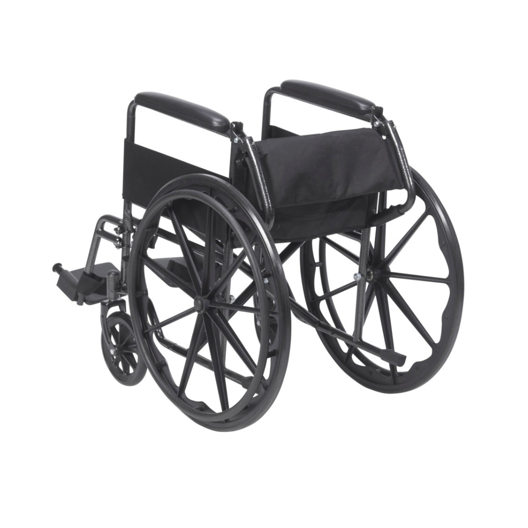 A Drive Silver Sport Portable Wheelchairs in black, featuring large rear wheels, small front wheels, armrests, and a fabric seat and backrest, is shown on a white background next to a product specifications table.