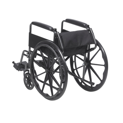 A Drive Silver Sport Portable Wheelchairs in black, featuring large rear wheels, small front wheels, armrests, and a fabric seat and backrest, is shown on a white background next to a product specifications table.
