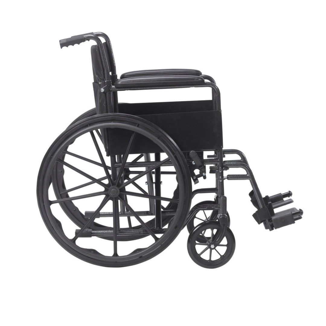 The Drive Silver Sport Portable Wheelchairs is shown from the side in black with large rear wheels, small front wheels, armrests, and footrests on a white background; see product specifications for details.