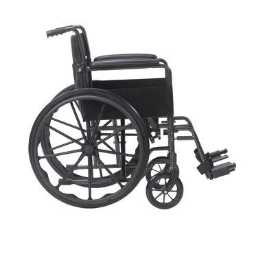The Drive Silver Sport Portable Wheelchairs is shown from the side in black with large rear wheels, small front wheels, armrests, and footrests on a white background; see product specifications for details.