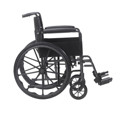 The Drive Silver Sport Portable Wheelchairs is shown from the side in black with large rear wheels, small front wheels, armrests, and footrests on a white background; see product specifications for details.