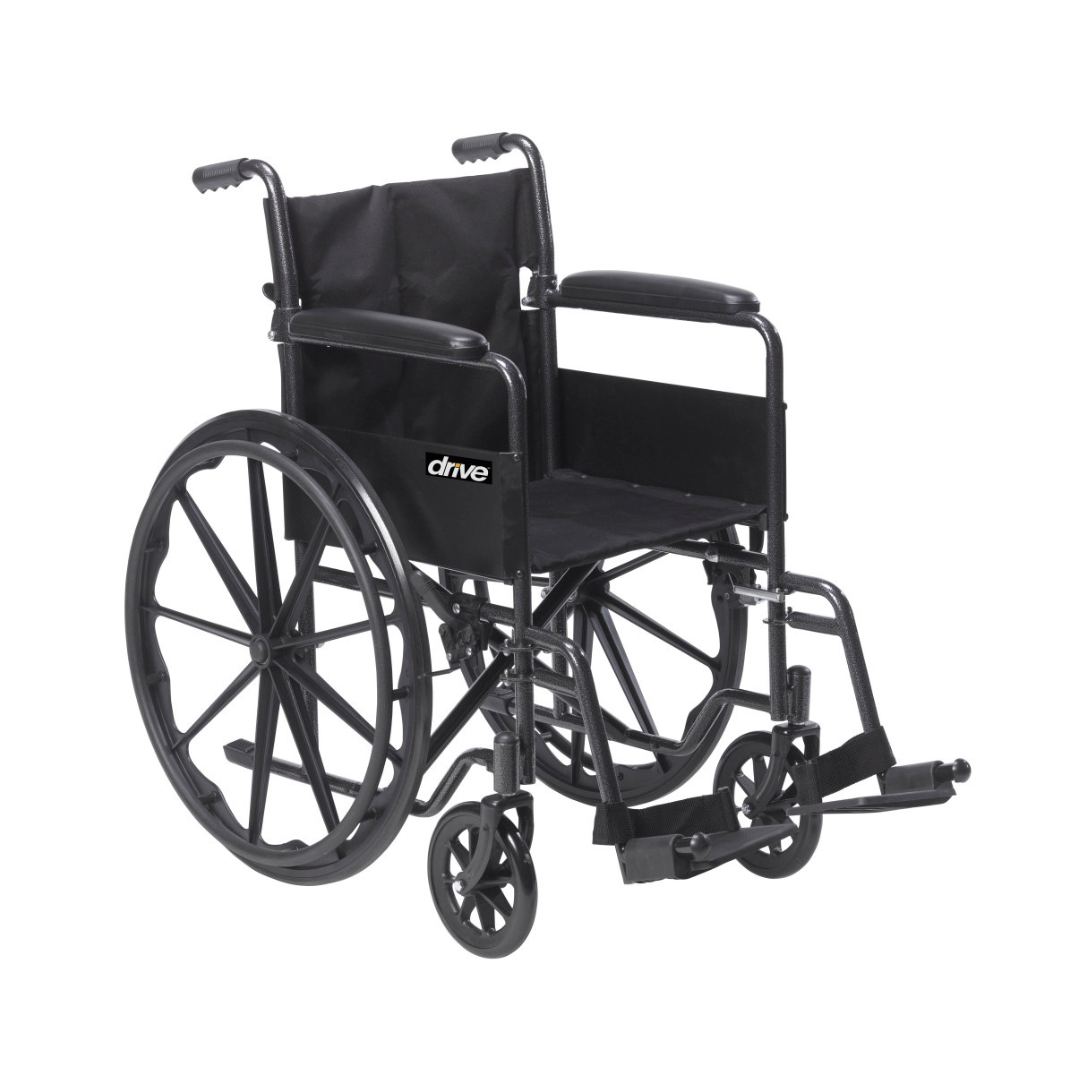A black Drive Silver Sport Portable Wheelchairs with large rear wheels, small front wheels, footrests, and armrests is shown on a white background—see specifications table for details.