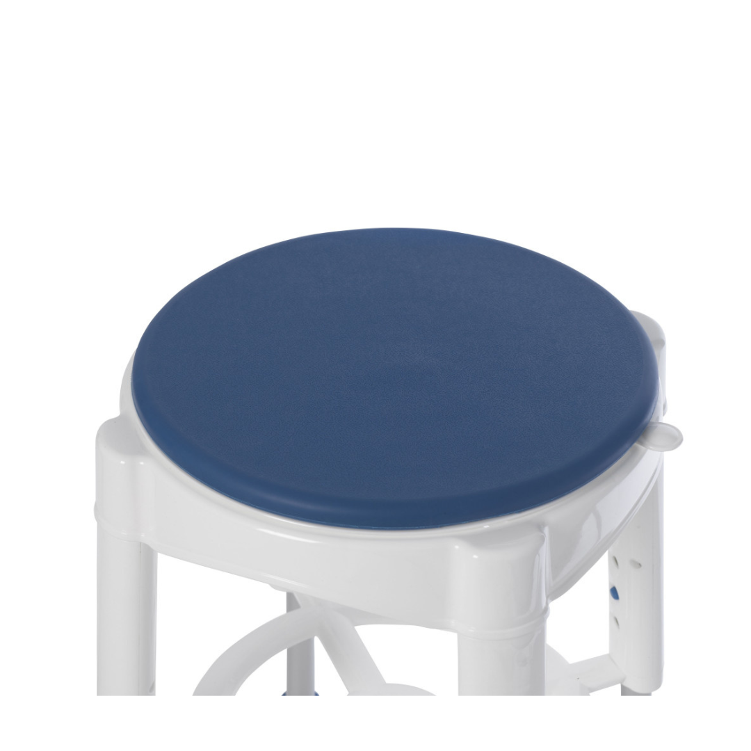 A close-up of the Drive Swivel Seat Shower Stool, featuring an adjustable white frame and a round blue cushioned seat. Some of the mobility-friendly bath stool’s legs and frame are visible against a plain white background.