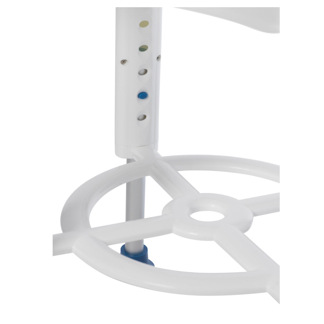 Close-up of the base and adjustable height mechanism of the Drive Swivel Seat Shower Stool, featuring a circular footrest and a vertical pole with colored adjustment holes.