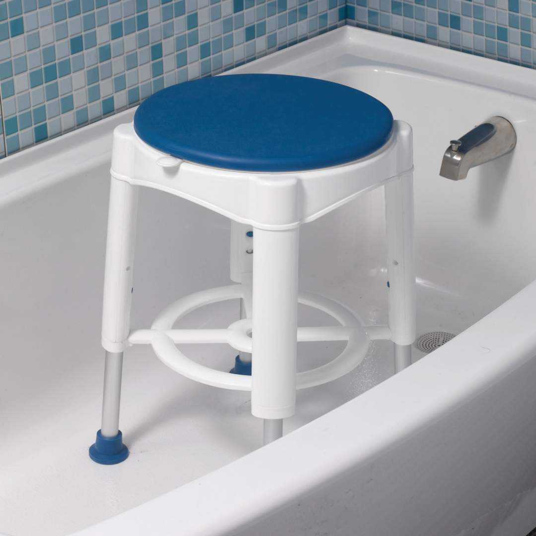 The Drive Swivel Seat Shower Stool, featuring white and blue colors with adjustable legs, is shown inside a bathtub with a tiled wall and faucet, offering a mobility-friendly seating solution for the shower.