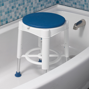 The Drive Swivel Seat Shower Stool, featuring white and blue colors with adjustable legs, is shown inside a bathtub with a tiled wall and faucet, offering a mobility-friendly seating solution for the shower.