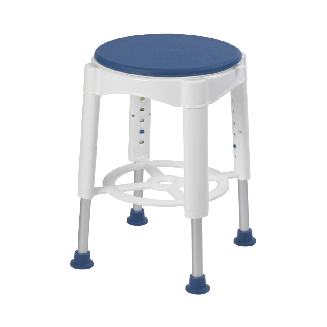 The Drive Swivel Seat Shower Stool is a white and blue adjustable shower chair with a 360° rotating round seat, four rubber-tipped legs, and a circular support ring—perfect as a mobility-friendly bath seat.