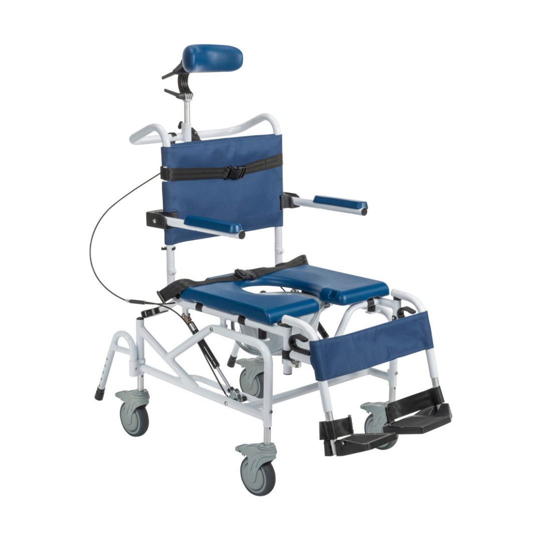 The Drive Tilting Aluminum Rehab Rolling Shower Chair with Commode is a blue and white 3-in-1 chair featuring armrests, headrest, footrests, and wheels to assist people with limited mobility during hygiene activities.