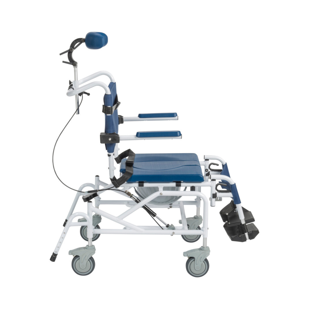 The Drive Tilting Aluminum Rehab Rolling Shower Chair with Commode features a blue and white design, footrests, armrests, headrest, and wheels for enhanced mobility and personal care assistance.