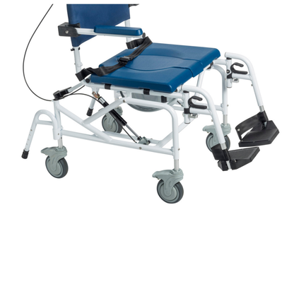 The Drive Tilting Aluminum Rehab Rolling Shower Chair with Commode is a blue and white 3-in-1 chair featuring four wheels, a padded seat, armrests, footrests, and tilting support for safe, comfortable bathing and mobility assistance.