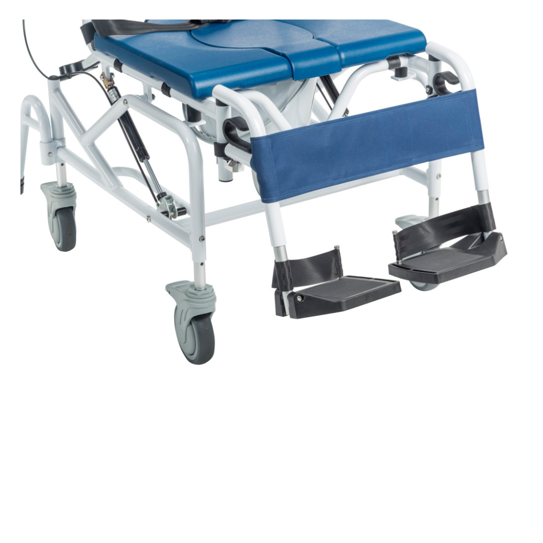 A close-up of the Drive Tilting Aluminum Rehab Rolling Shower Chair with Commode shows its blue padding, sturdy metal frame, large wheels, adjustable footrests, and blue calf strap—perfect as an over-the-toilet safety chair.