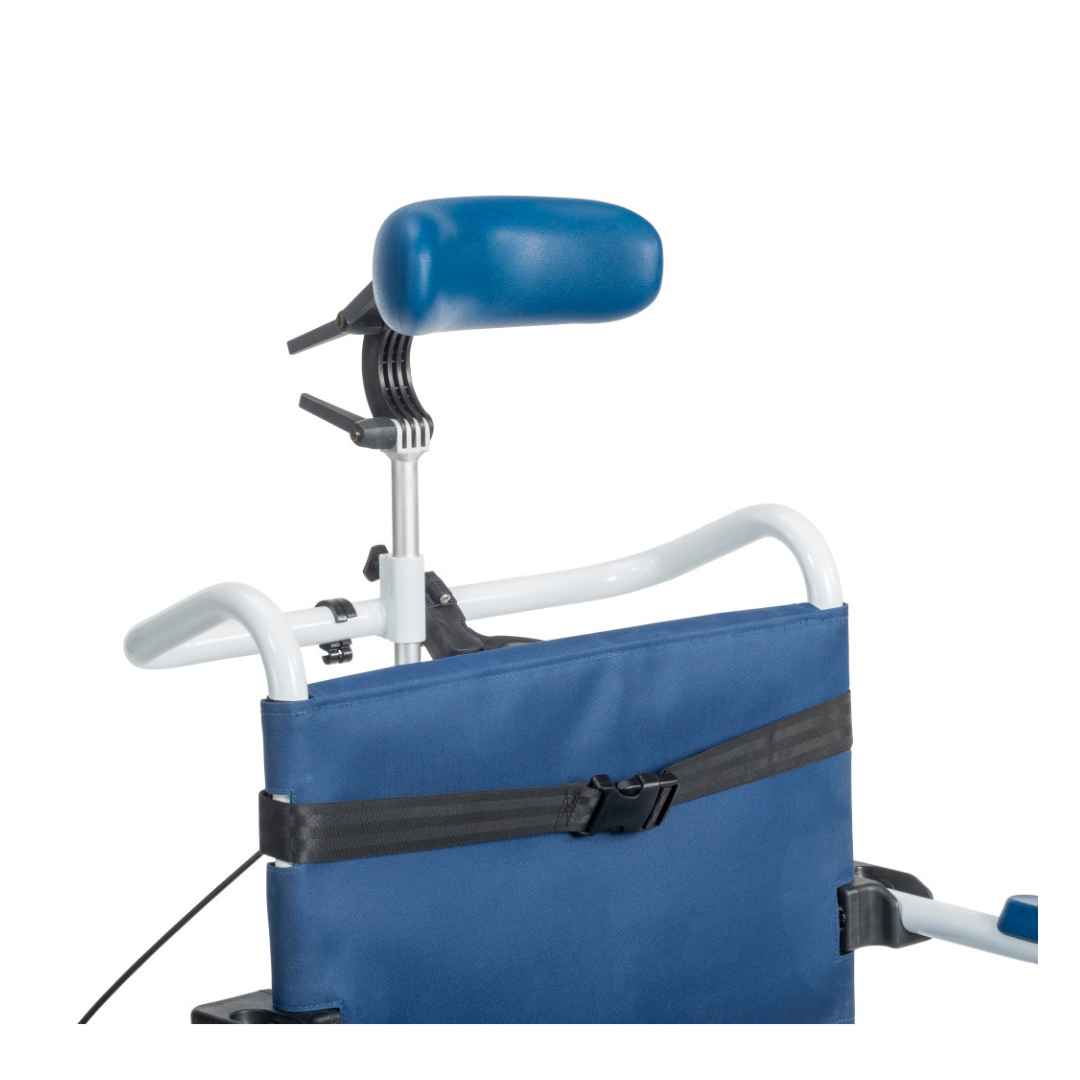 A close-up of the Drive Tilting Aluminum Rehab rolling Shower Chair with Commode shows its blue padded headrest on a white metal frame, featuring an adjustable support for comfort and accessibility.