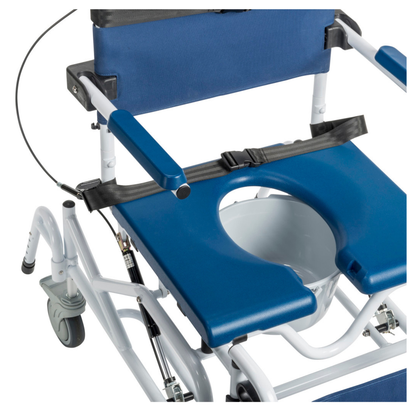 A close-up of the Drive Tilting Aluminum Rehab rolling Shower Chair with Commode, featuring a blue and white design, armrests, safety belt, open seat with removable bucket, and a partially visible wheel on the left side.