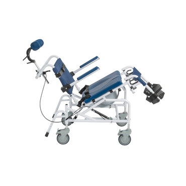 The Drive Tilting Aluminum Rehab Rolling Shower Chair with Commode is shown in blue and white, featuring wheels, headrest, armrests, footrests, and a reclining backrest, displayed tilted on a white background.