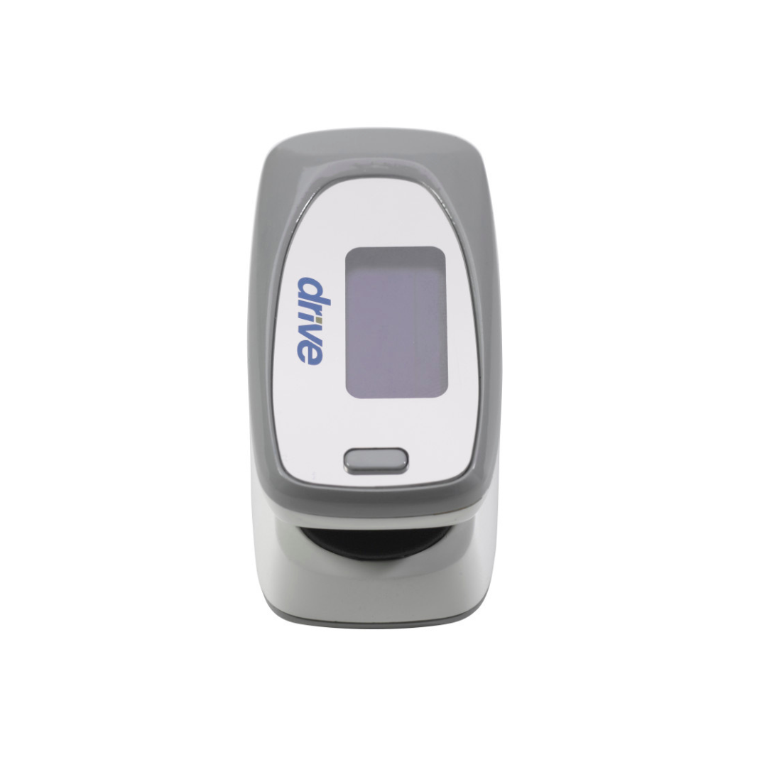 The Drive View SpO2 Deluxe Pulse Oximeter, shown from the front in gray and white with a digital screen above a single button, is designed for accurate monitoring of SpO₂ and oxygen levels against a white background.