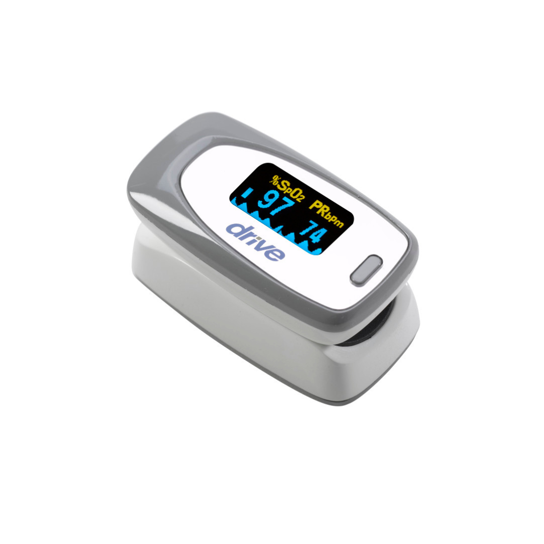 The Drive View SpO₂ Deluxe Pulse Oximeter, in gray and white, accurately displays oxygen saturation (SpO₂) and pulse rate on a digital screen for reliable monitoring.