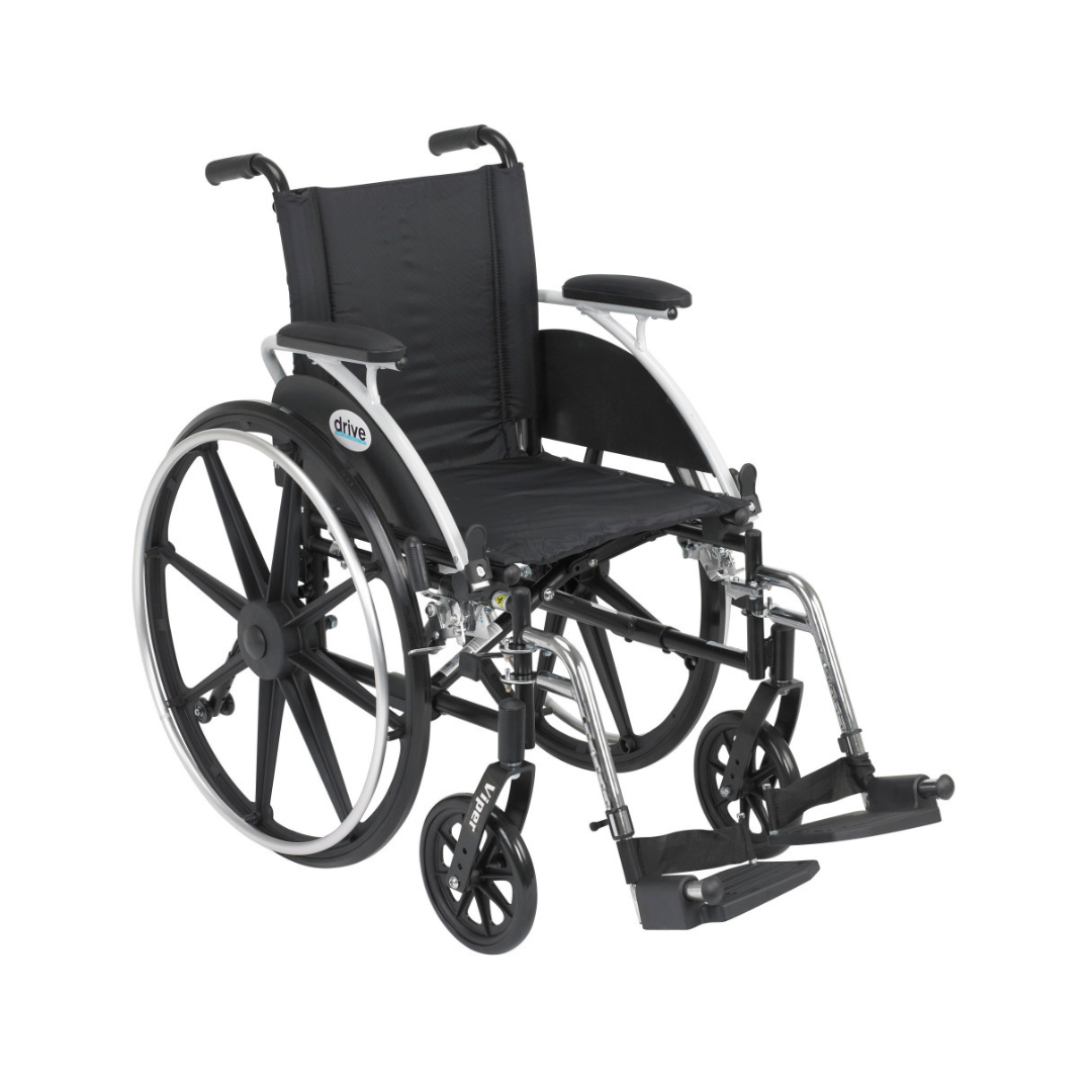 The Drive Viper Jr. Wheelchair with Detachable Desk-Length Arms is a black and silver lightweight mobility aid featuring large rear wheels, smaller front wheels, armrests, and footrests for comfortable assistance.