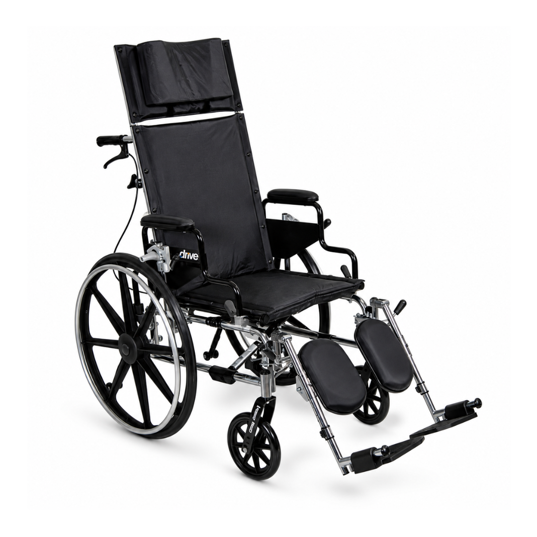 The Drive Viper Plus Reclining Wheelchair - 180° Recline & Adjustable Seat Depth is a black manual wheelchair with large rear wheels, small front wheels, high backrest, padded headrest, armrests, and elevated leg supports on a white background.